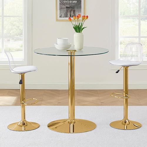 Juego de mesa de comedor de 3 piezas, mesa pequeña redonda de cristal de cocina con sillas modernas de piel sintética para espacios pequeños (mesa