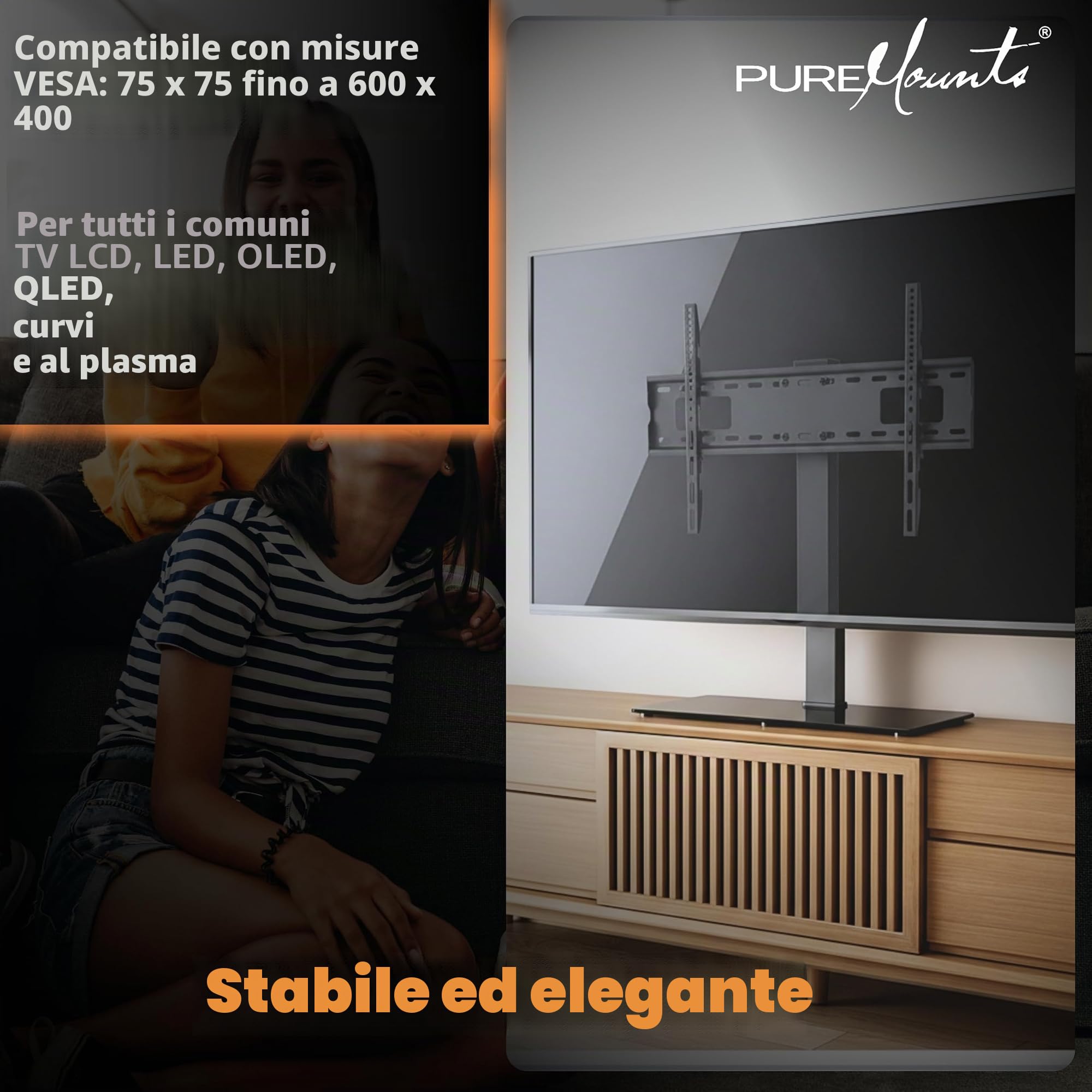 PureMounts Supporto TV, supporto, supporto TV universale per 37-70 pollici Samsung, LG, Philips, Panasonic e molti altri, Max. Vesa 600x400 & 40 kg, nero