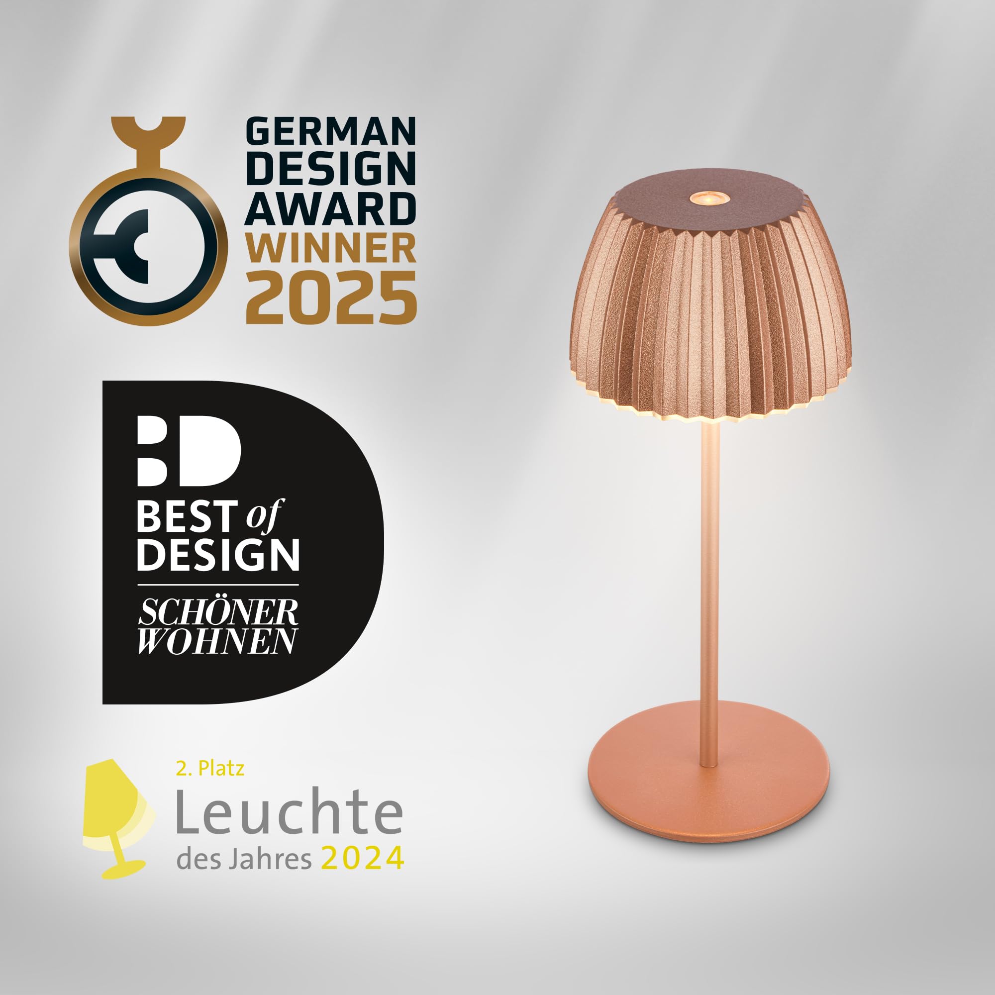 BRILONER Riffle Mini bezprzewodowa lampa stołowa LED IP44 z jasną krawędzią, 8,5 x 20 cm, ściemniacz dotykowy, wymienna bateria, lampka nocna, German Design Award Winner 2025, kolor miedziany