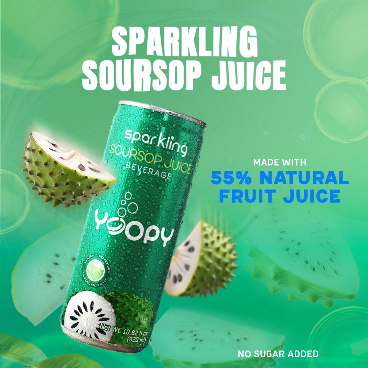 Yoopy Sparkling Soursop Juice – 12 Pack (10.82 fl oz Each) – Made with 55% Real Soursop Juice – No Added Sugar – Tropical & Bubbly Drink – Best Served Cold