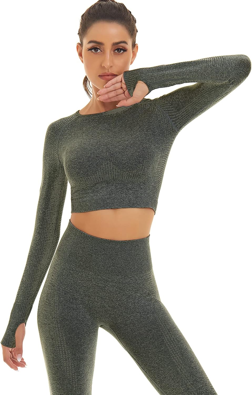 Women Seamless Workout Outfits Athletic Set Leggings + Long Sleeve Top 2 Pieces