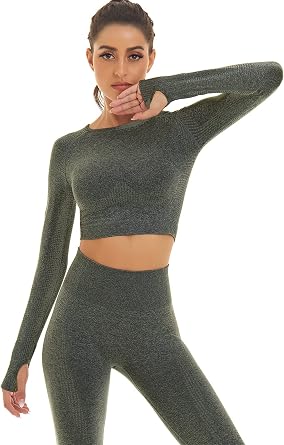 Women Seamless Workout Outfits Athletic Set Leggings + Long Sleeve Top 2 Pieces