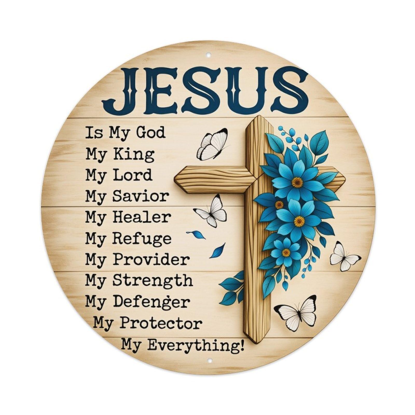 Jesus Cross Flowers Butterflies Wood Round Tin Sign Vintage Metal Poster, Home Bar Garage Man Cave Cafe Indoor & Outdoor Wall Decoration 8x8Inches
