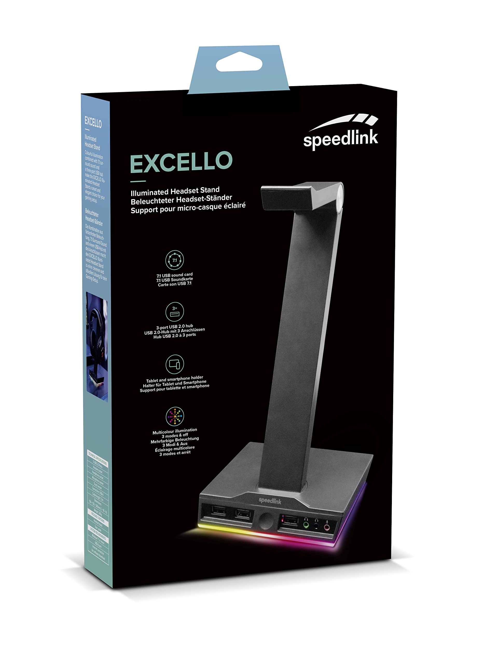 Speedlink EXCELLO Illuminated Headset Stand – 7.1 sound card, integrated USB hub, black
