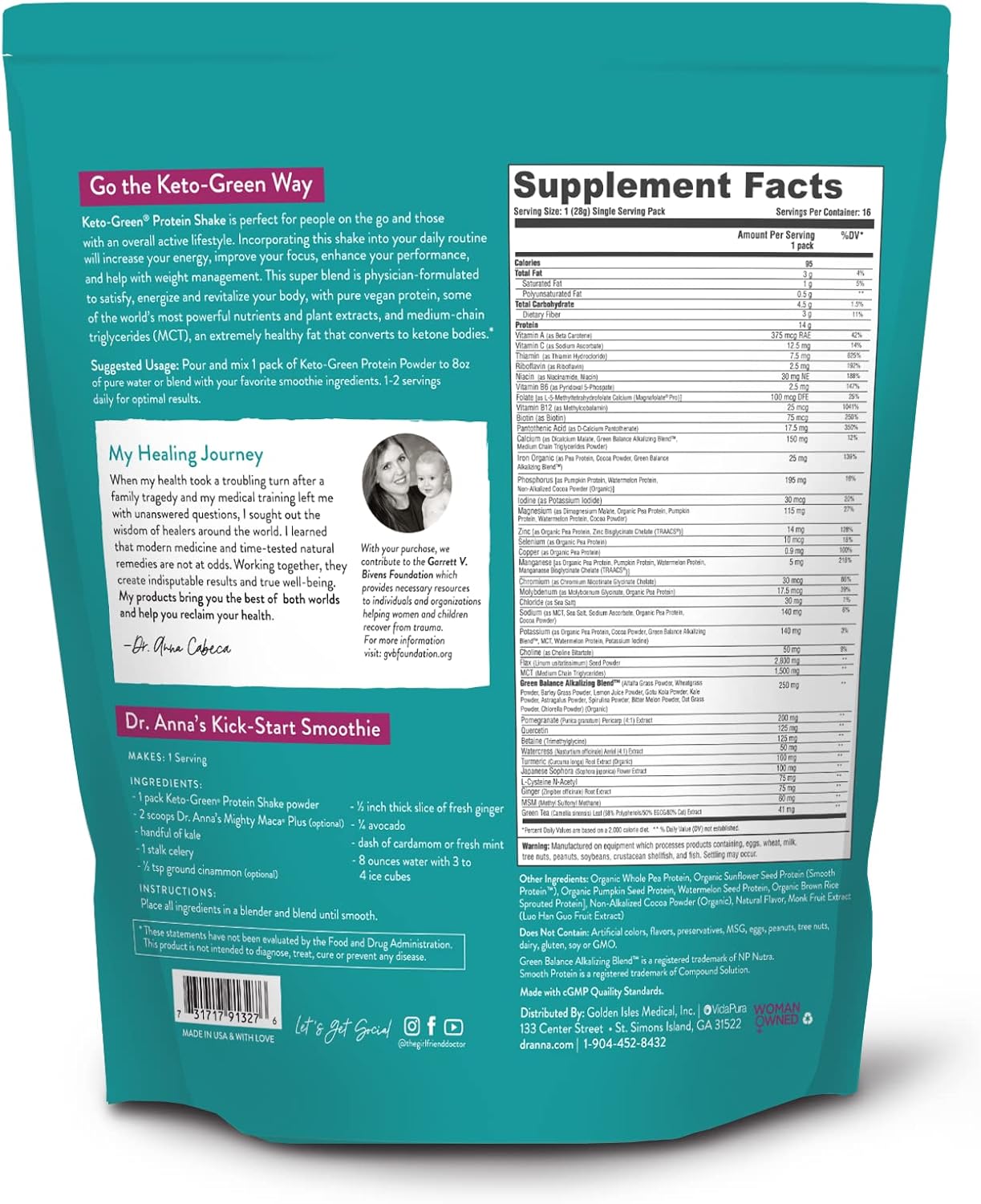 VIDAPURA Keto-Green Protein Shake by Dr. Anna Cabeca – Chocolate Vegan Protein for Women – 16 Servings – Alkaline, Plant-Based, Keto-Friendly