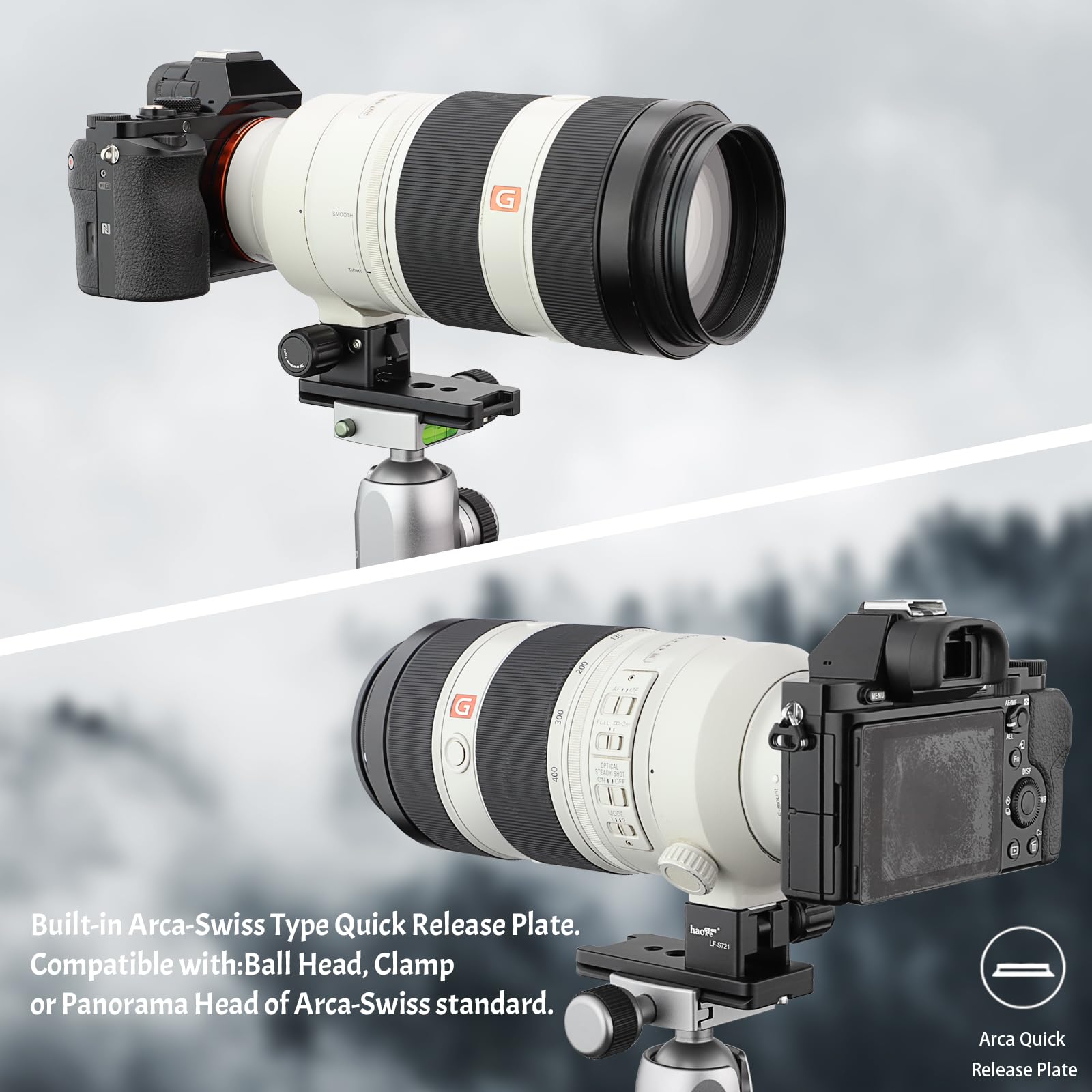 Haoge LF-S721 - Pie de repuesto de lente para Sony FE 70-200 mm F2.8 GM OSS SEL-70200GM y Sony FE 100-400 mm F4.5-5.6 FE 300 mm F2.8 GM OSS, soporte de anillo de montaje en trípode con placa suiza