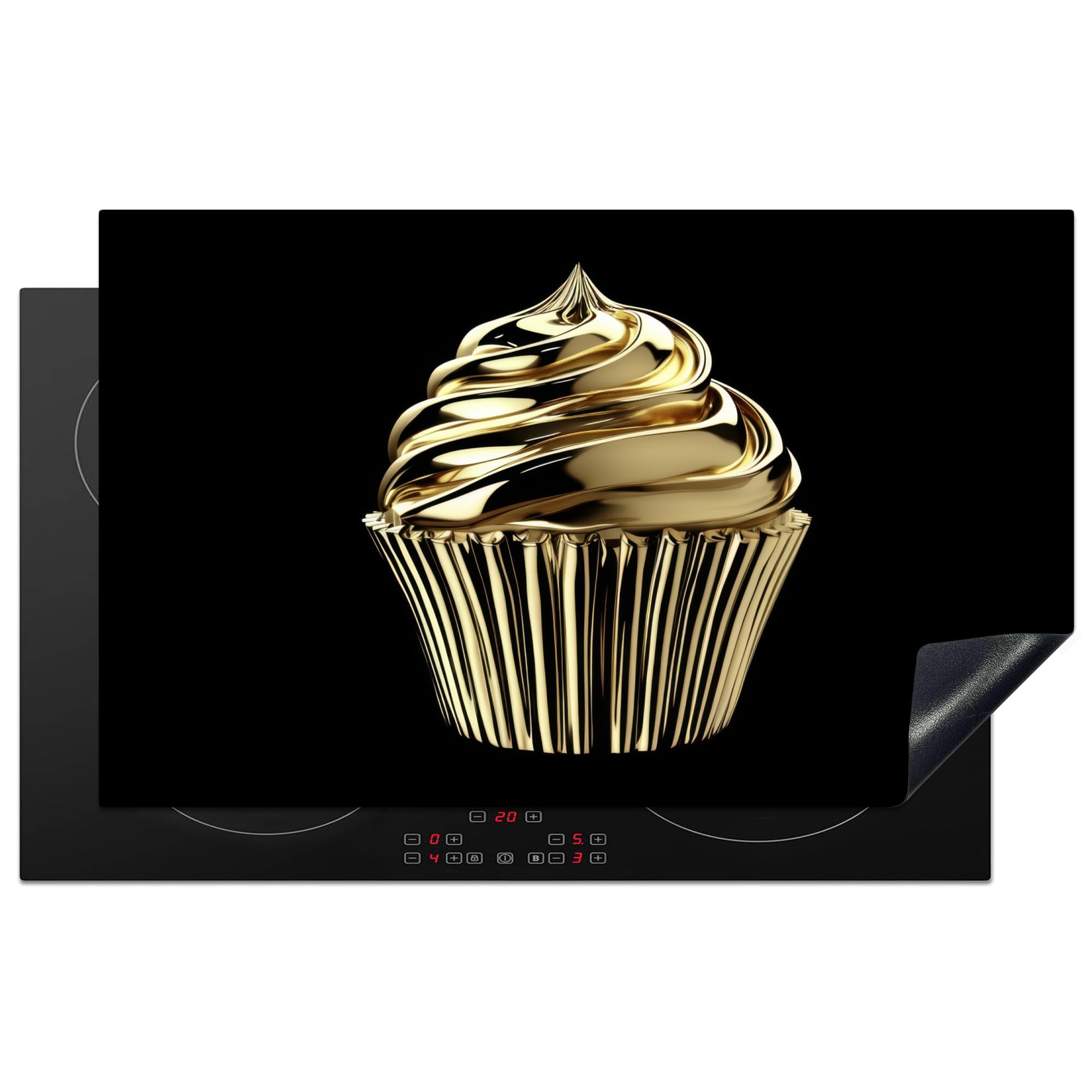 KitchenYeah© Induction Hob Protector Mat 20.5"x33.5" / 85x52 cm Cooker Top Protectors Cover Ceramic Covers Electric Hobs Vinyl Cupcake - Food - Gold - Black