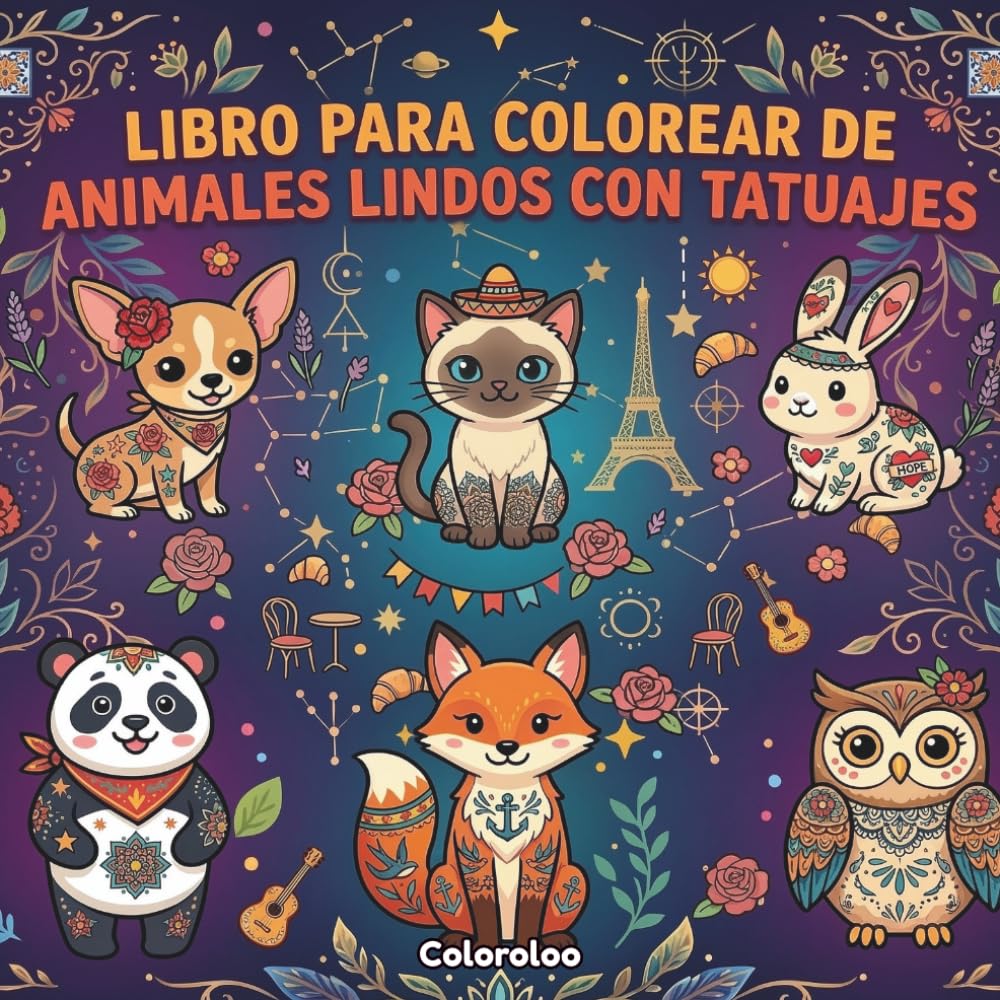 Libro para colorear de animales lindos con tatuajes: Diseños Tiernos y Artísticos con Estilo Tattoo | Libro de Colorear Relajante y Moderno