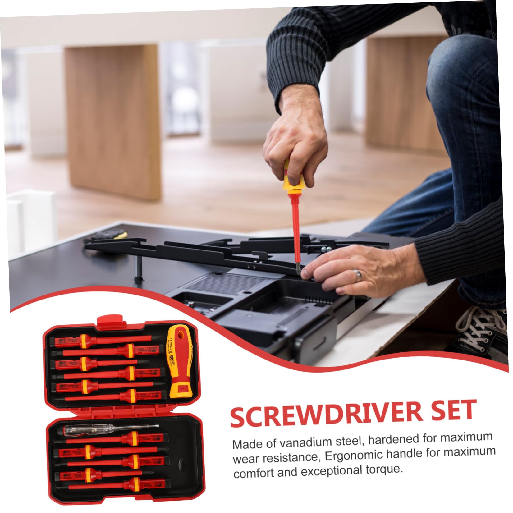 Generico Set Cacciaviti Isolati 1000v 13 Pezzi per Elettricista Rosso | Acciaio al Vanadio, Impugnatura Ergonomica, Custodia Inclusa, Inserti Sostituibili, per Viti