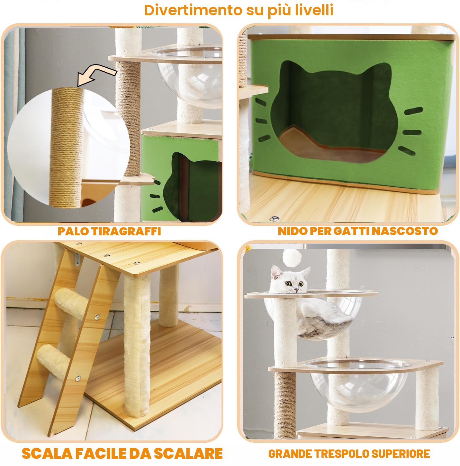 Tiragraffi per gatti,Con Cuccia gatto,2 Capsula spaziale trasparente,Gioco per Palla,Trespolo per Piattaforma,Scala per,Tiragraffi per gatti adulti(145CM)