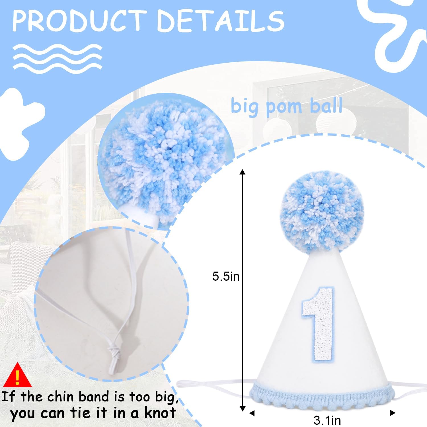 Blue and White 1st Birhtday Hat - Boys 1st Birthday Decorations, Baby Boy First Birthday Crown with Pom Pom, Light Blue Theme Party Hat - Image 2