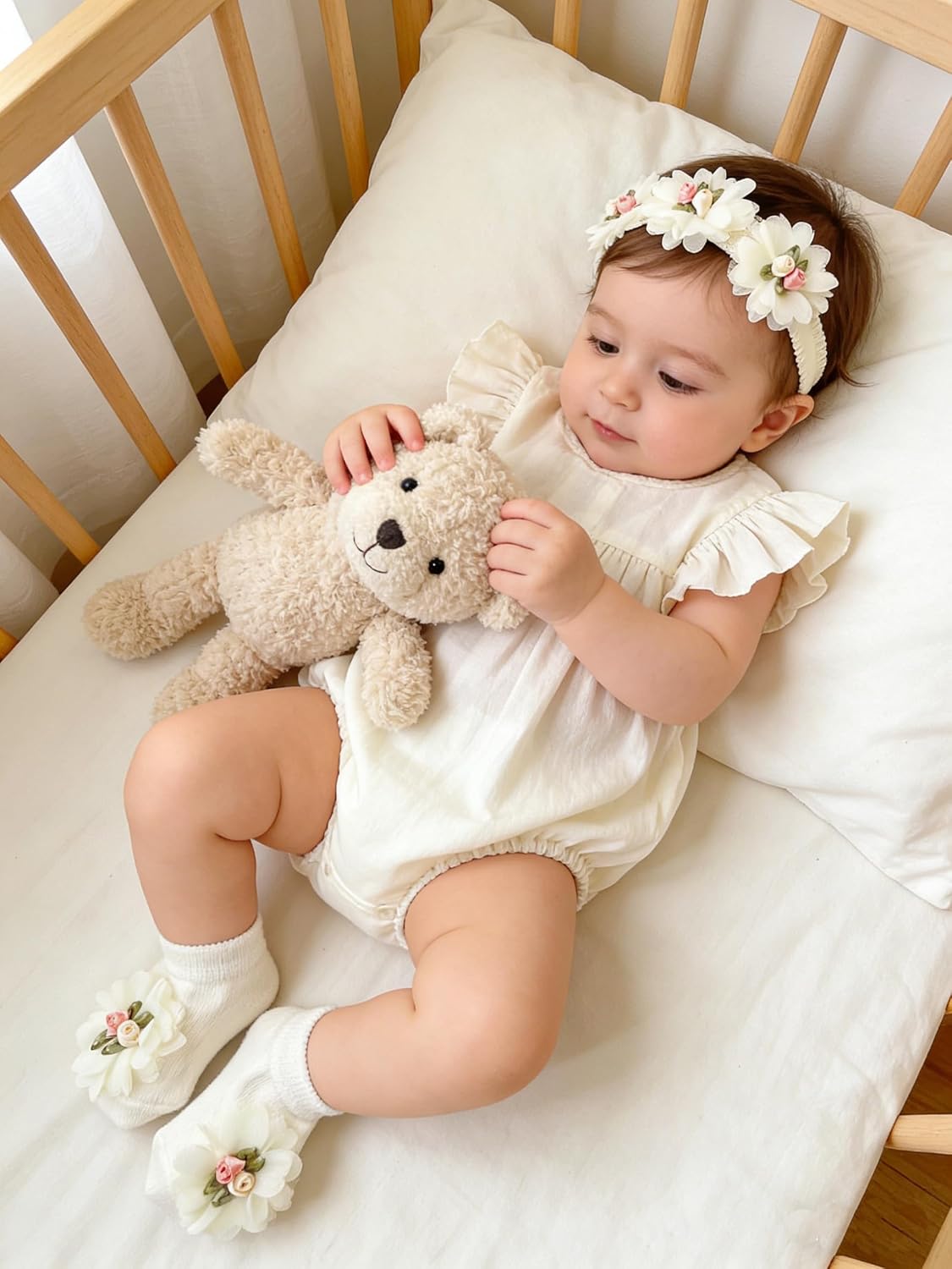 Newborn-Baby-Girl Flower-Headband-Set with Flower-Socks Toddler Infant Cute Headwrap Short Socks for 100 Days Celebration Gift