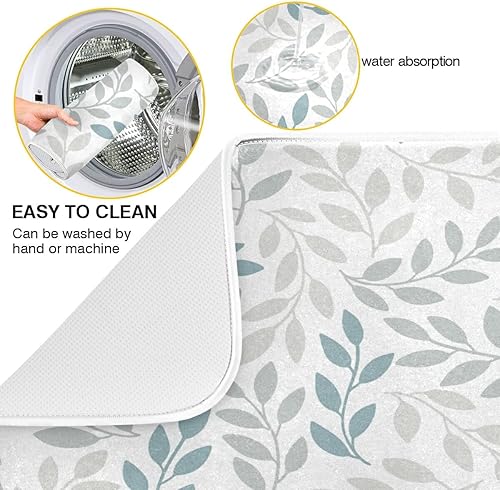 Miniatura 2 de Tapete de secado de platos de hojas grises y azules de 16 x 18 pulgadas para cocina, hojas grises, flores botánicas de primavera, escurridor de