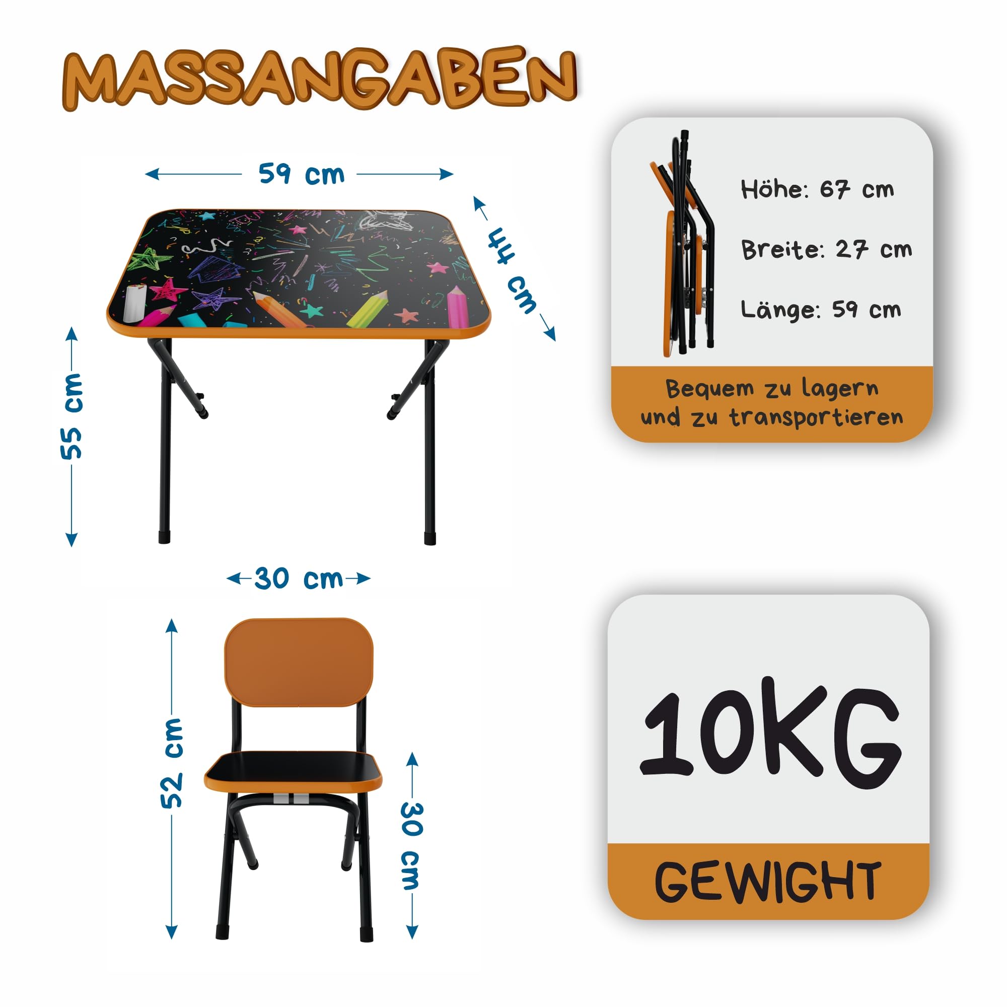 VILHA Table pour enfant avec 2 chaises - Ensemble de sièges évolutifs et pliables - Table de jeu pratique pour les tout-petits - Plateau inclinable - Orange