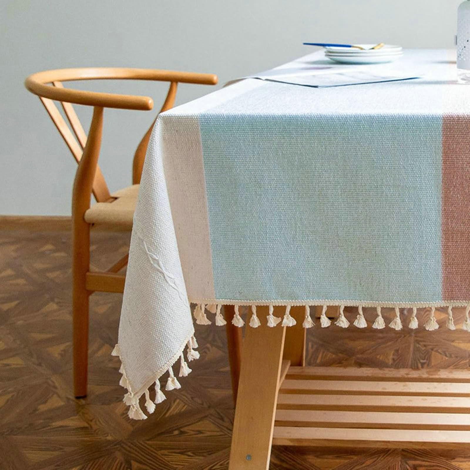 Gualiy Manteles Cuadrados Restaurante, Algodón Lino Mantel de Mesa Moderno 140x260CM Manteles de Mesa Antimanchas Rayas Jacquard con Borlas Mantel para Mesa de Salon, Blanco Azul Rojo