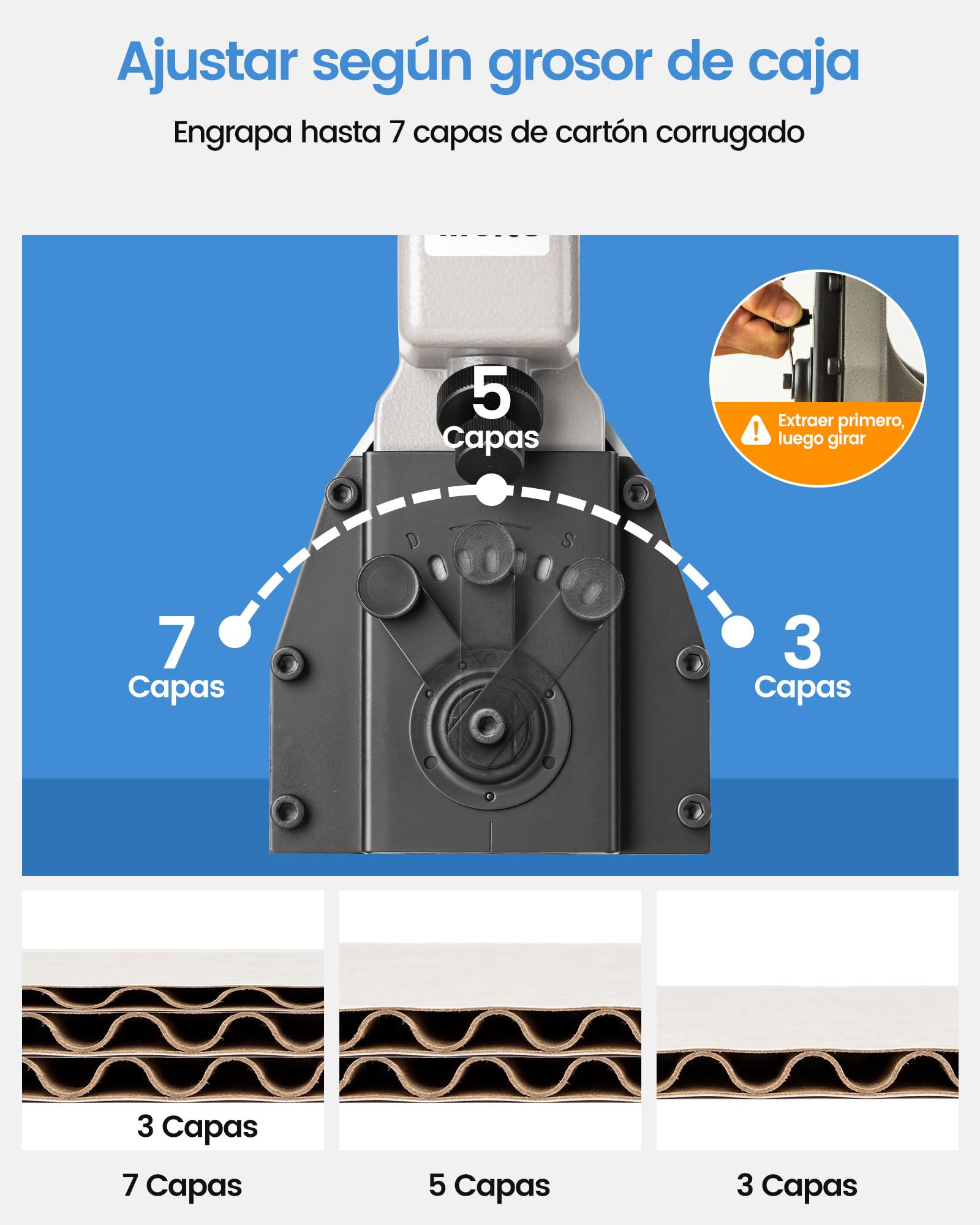 meite HB3518 Grapadora Manual para Cajas, Cerradora de Cartón Calibre 16, para Cartón Ondulado de 1–8 mm, Compatible con Grapas de Corona 34,7 mm y Pata 18 mm, Sin Aire