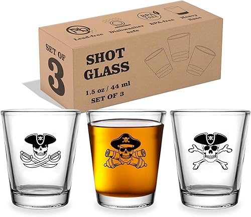 Juego de 3 vasos de chupito con temática pirata, 1.5 onzas Jolly Roger Pirate Skull Shot vasos con base pesada, decoraciones de fiesta pirata para