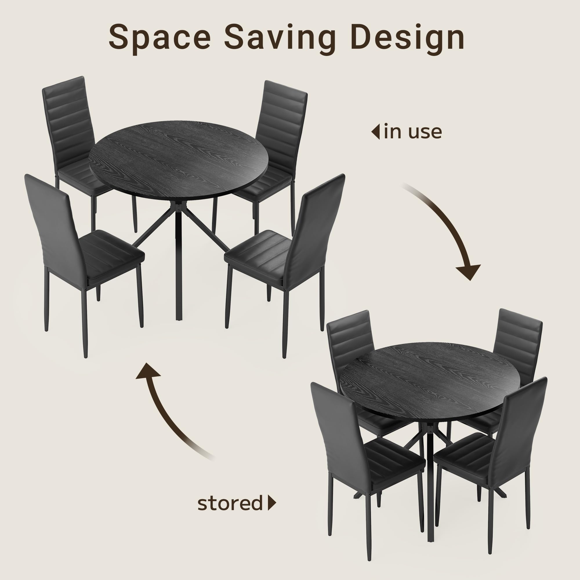 Xbro Dining Table and 4 Chairs Set, Round Dining Table for Dining Room Kitchen Living Room, Sturdy Structure for Small and Large Spaces, Black — view 4