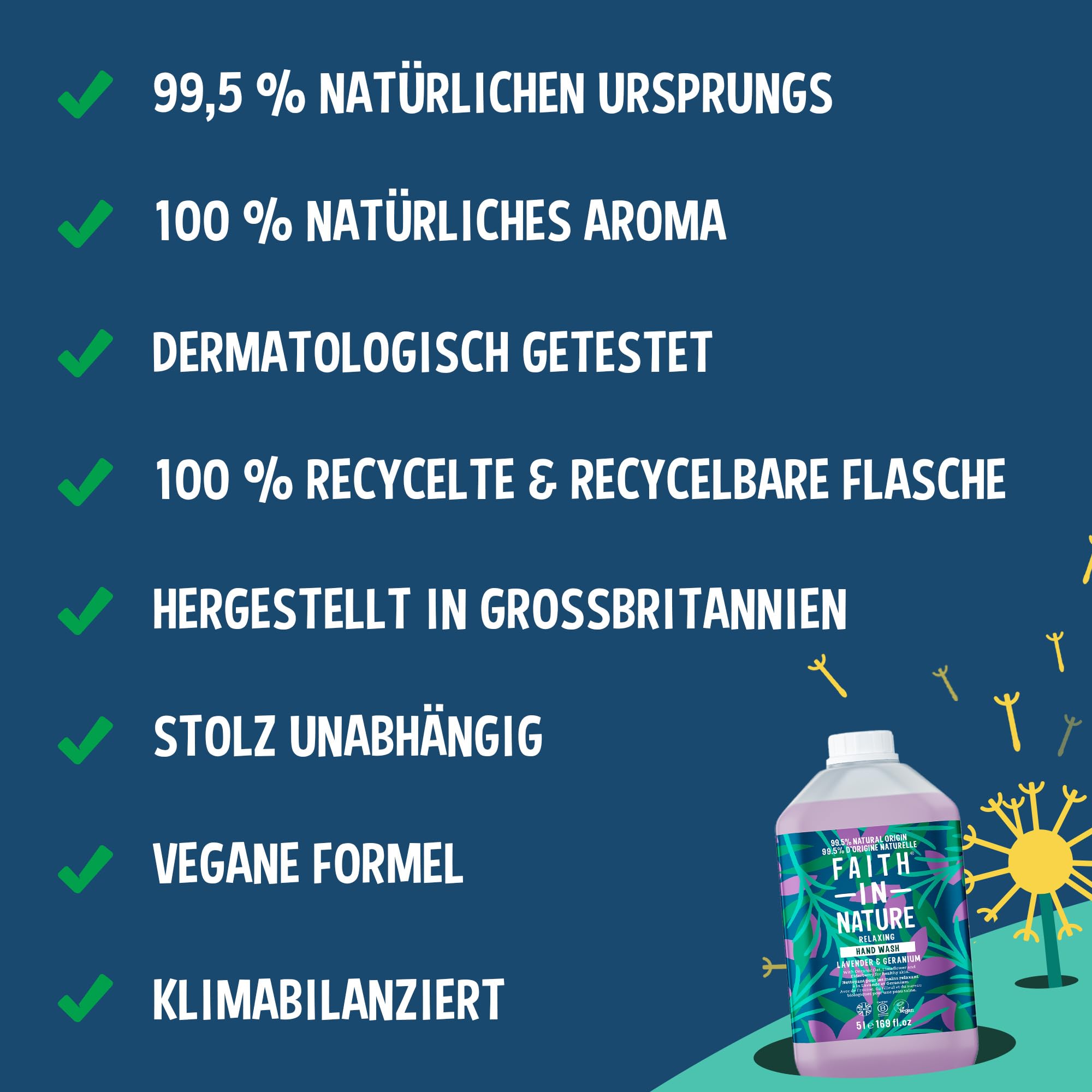 Faith In Nature Flüssige Handseife Lavendel und Geranie, Entspannend, Vegan und Tierversuchsfrei, Ohne SLS oder Parabene, 5 L Nachfüllpack