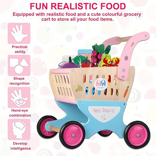Miniatura 2 de Boczif Carrito de compras de madera para niños, carrito de compras de juguete con comida de simulación, frutas, verduras y accesorios de tienda para