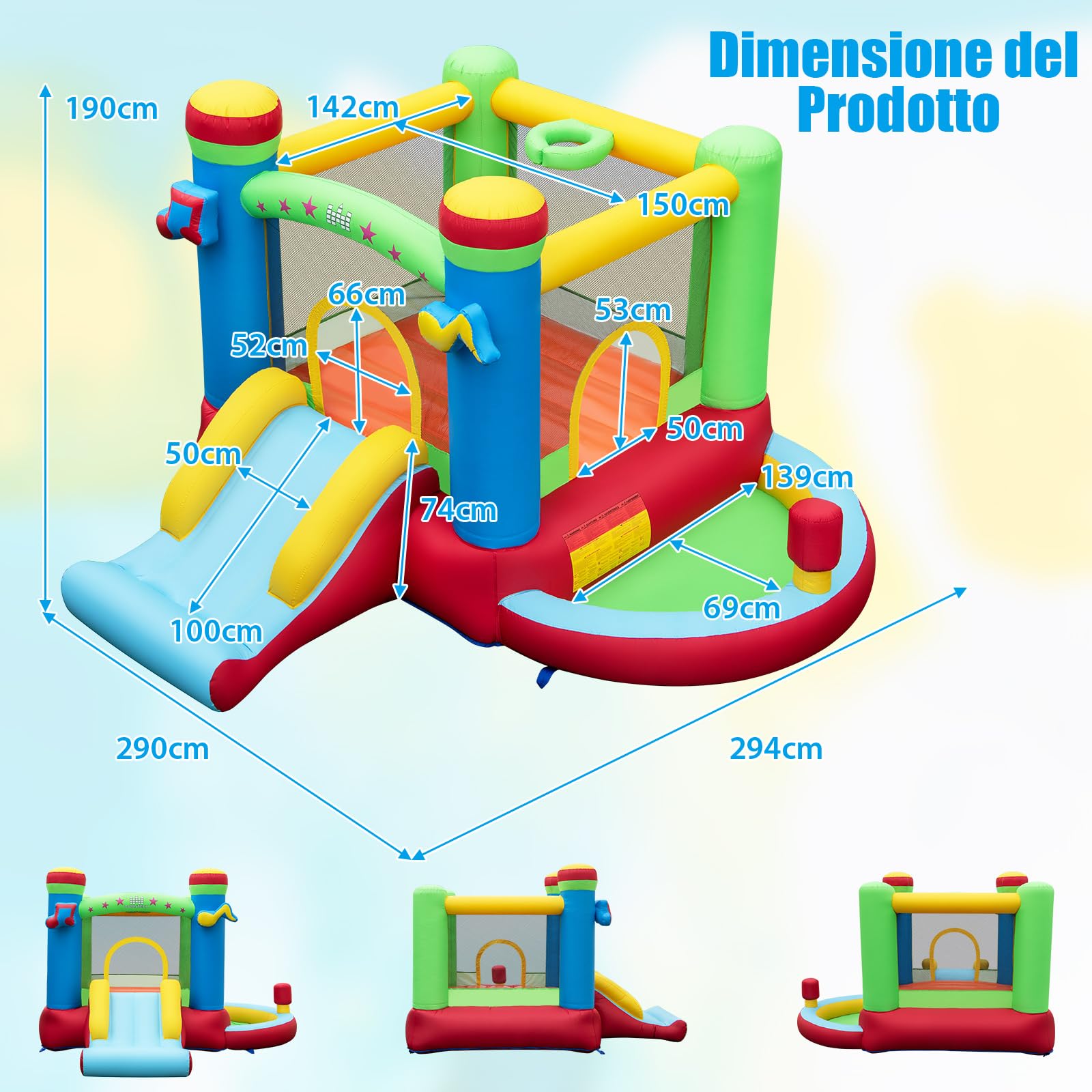 COSTWAY Castello Gonfiabile 5 in 1 per Bambini di Tema Musicale, Castello Gonfiabile con Scivolo, Trampolino, Piscina e Canestro, Gioco Gonfiabile da Interno ed Esterno, per Bambini da 3 a 12 Anni