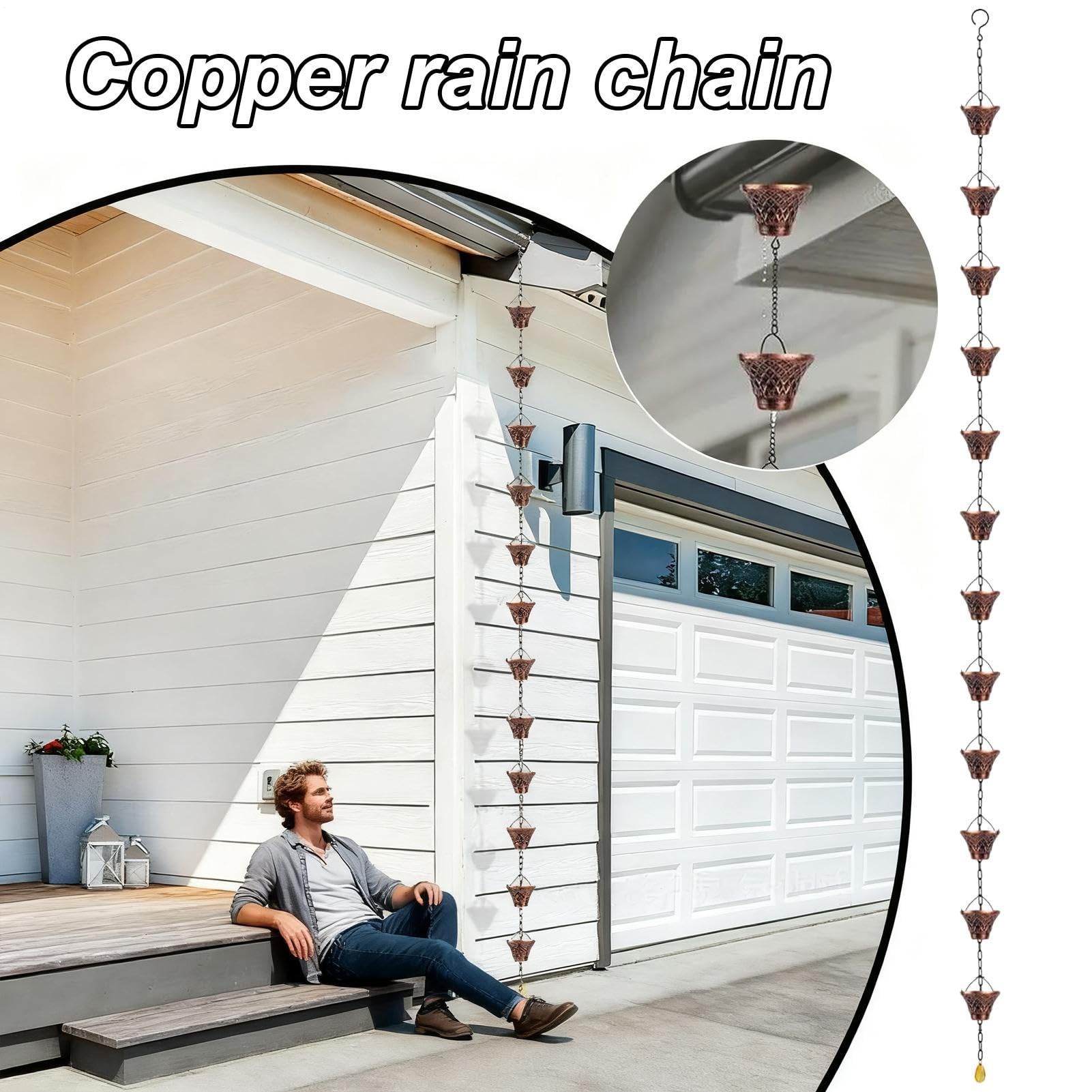 Cadenas de lluvia | Extensión de drenaje decorativa de 9 pies, cadena de lluvia de cobre de 12 tazas | para jardín al aire libre, techo, cenador, toldo, árbol