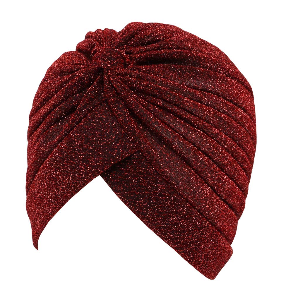 GETACOTA Pleated Glitter Turban for Women Stretchy Hat Beanie Headwrap Twist Elastic Slip on Cap Headwear Accessories, Wine, One Size