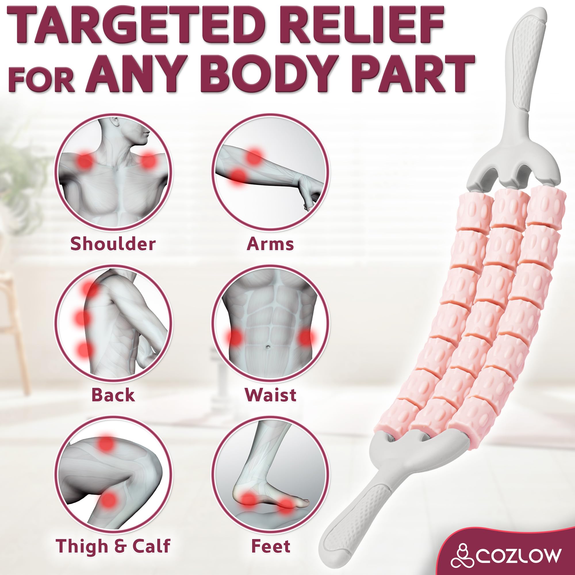 Triple Roller Massage Stick - Body Massager for Muscles - Fascia Rolling Tool - Deep Tissue Therapy - Myofascial Release - Lymphatic Drainage - by Cozlow
