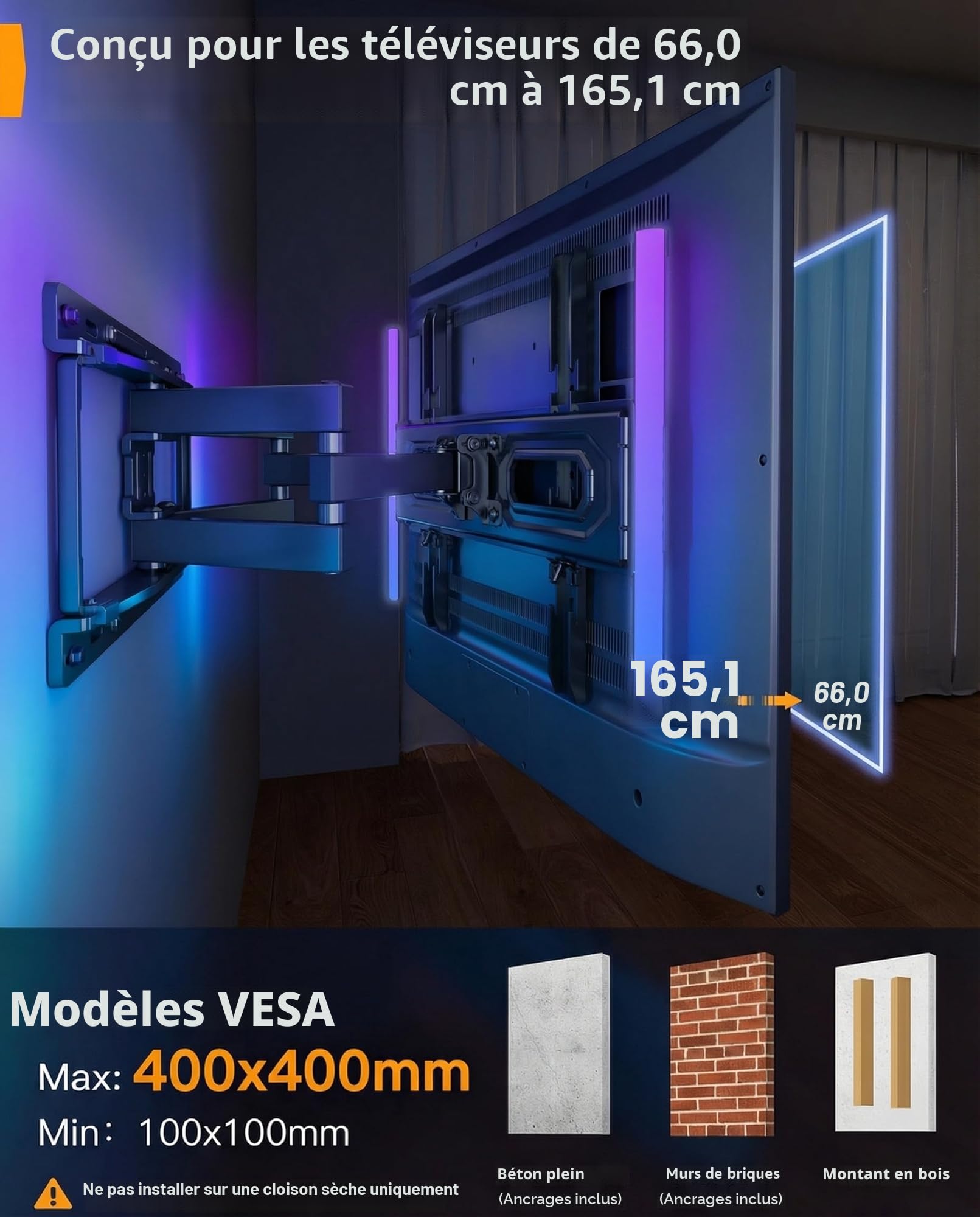 Perlegear Support Mural TV avec Lumières LED pour Télévision de 26 à 65 Pouces Jusqu'à 45 kg, Pivot Extension Inclinaison et Rétroéclairage Musical, VESA Max 400x400mm PGMF20