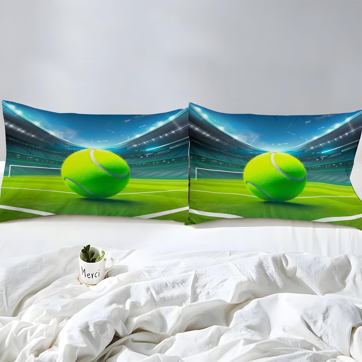 California King Fitted Sheet with Pillowcases Blue-Green, Stadium Tennis Lines Premium Double Microfiber Fitted Bottom Sheet, 16" Deep Pocket Non-Slip Bedding Design - Soft Shrinkage Fade Resistant