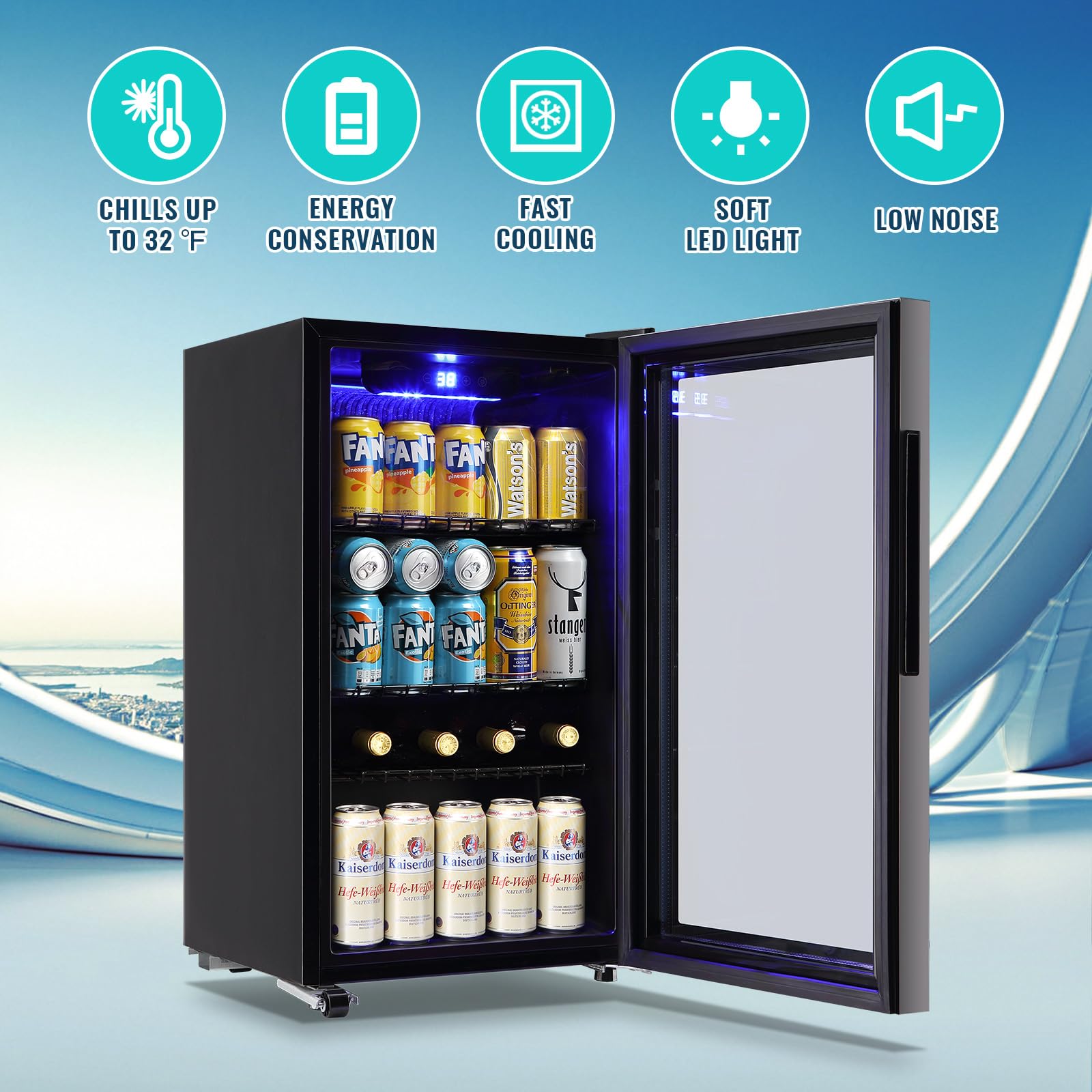 WANAI Beverage Refrigerator and Cooler with Glass Door - 125 Cans Capacity, 3.5 Cu.ft Small Beer Fridge for Drinks, Soda, Wine- Mini Cooler with Touch LED Display Control and Blue Light on Fridge.com