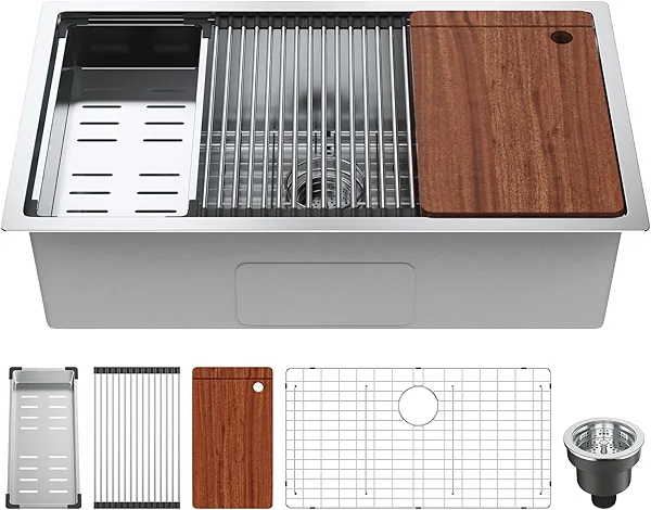 VEVOR Kitchen Sink, 304 Stainless Steel Drop-In Sinks, Undermount Single Bowl Basin with Ledge and Accessories, Household Dishwasher Sinks for Workstation, RV, Prep Kitchen, and Bar Sink, 32 inch