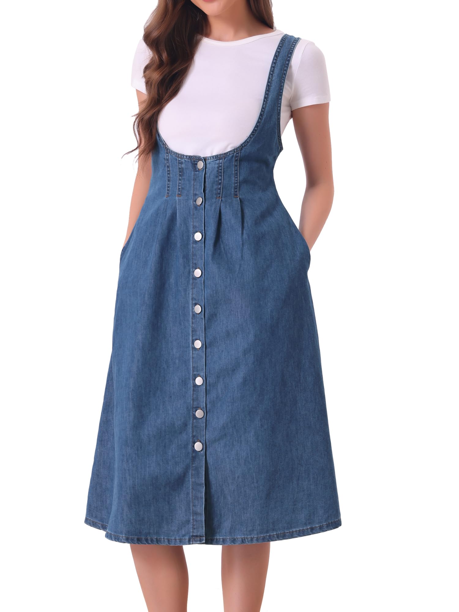 Allegra K Robe Salopette en Jean Femme à Bretelles Robe Midi Boutonnée Combinaison Vintage Classique Col en U Robe Mi-Longue en Jean avec Poches