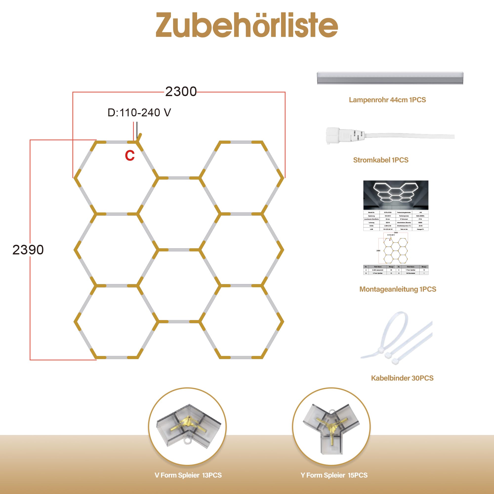 Barberpub Hexagon LED Garage Light, 30240LM 6500K Hexagon LED Beleuchtung für Werkstatt, Friseursalon, PVC Abdeckung 8 Grid, (LP008/nicht dimmbar)