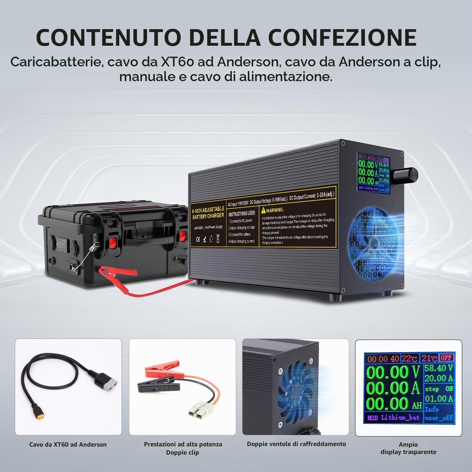 0-100V 0-20A Caricabatterie Regolabile per LiFePO4, Batterie al Litio e al Piombo-Acido – Caricabatterie Universale Intelligente con Display a Colori, Connettore Anderson e Pinze a Coccodrillo