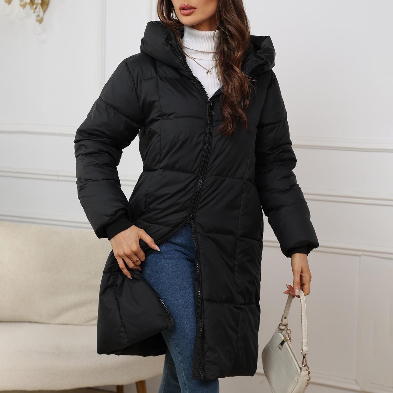 Generisch Winterjacke Damen Warm Lang Steppmantel Winter Mantel Steppjacke Parka Verdickene Funktionsjacke Mit Kapuze Outdoorjacke Wintermantel Übergangsjacke Elegante Für Damen
