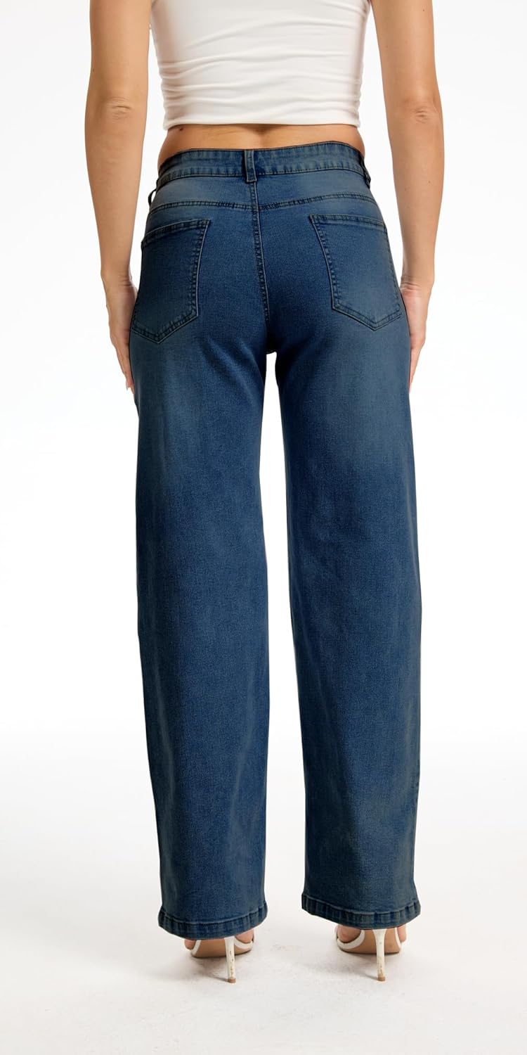 YOCUR Women's Wide Leg Ripped Mid-Rise Jeans Stretchy Straight Leg Baggy Zipper Denim Pants with Pockets - Image 2