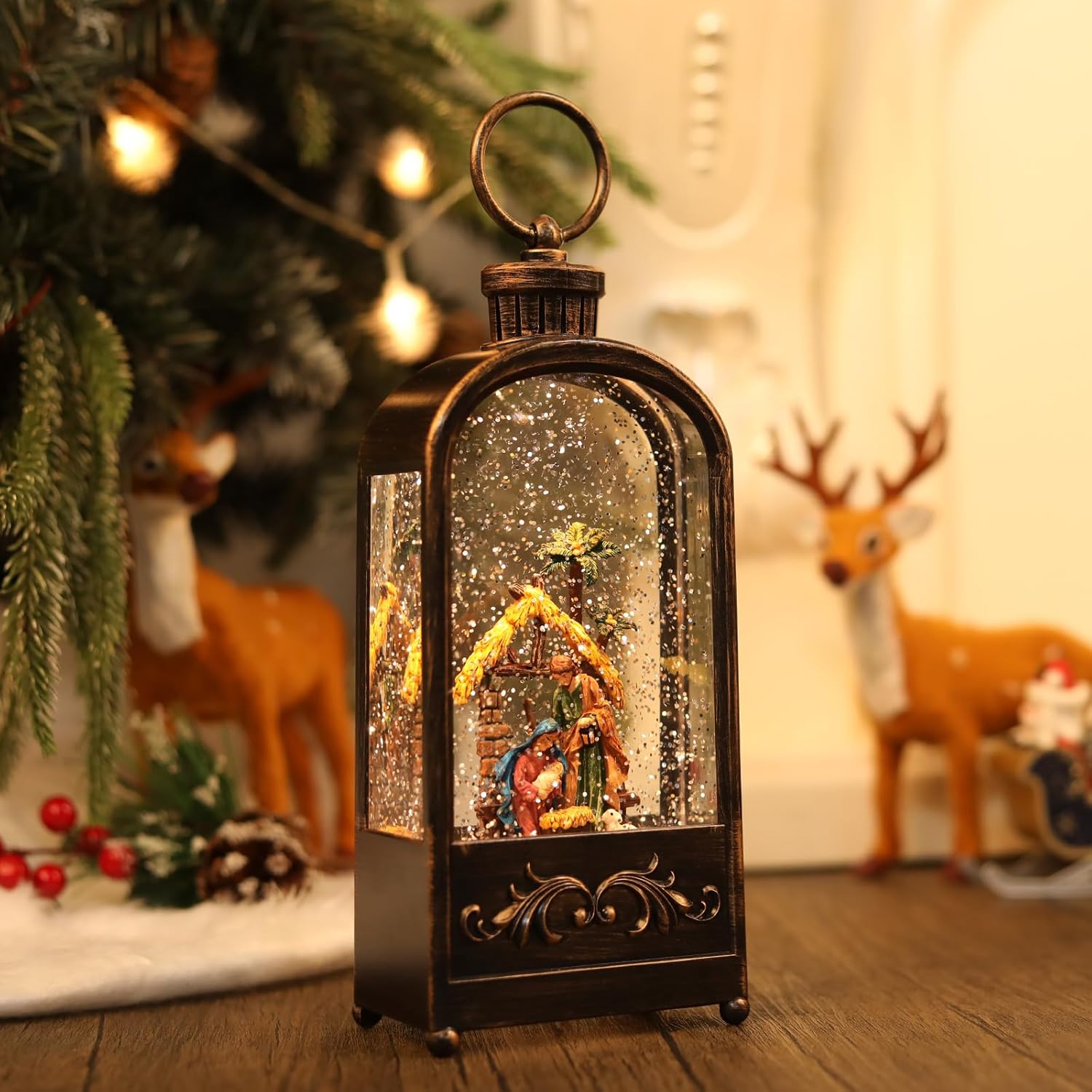 Nativity Scene Snow Globe Christmas Decorations Lantern, Glittering Lighted Plug-in, 3 AA Battery Operated & USB Powered, Nativity Scene Snow Globe Lantern for Christmas Home Decoration and Gift - Image 6
