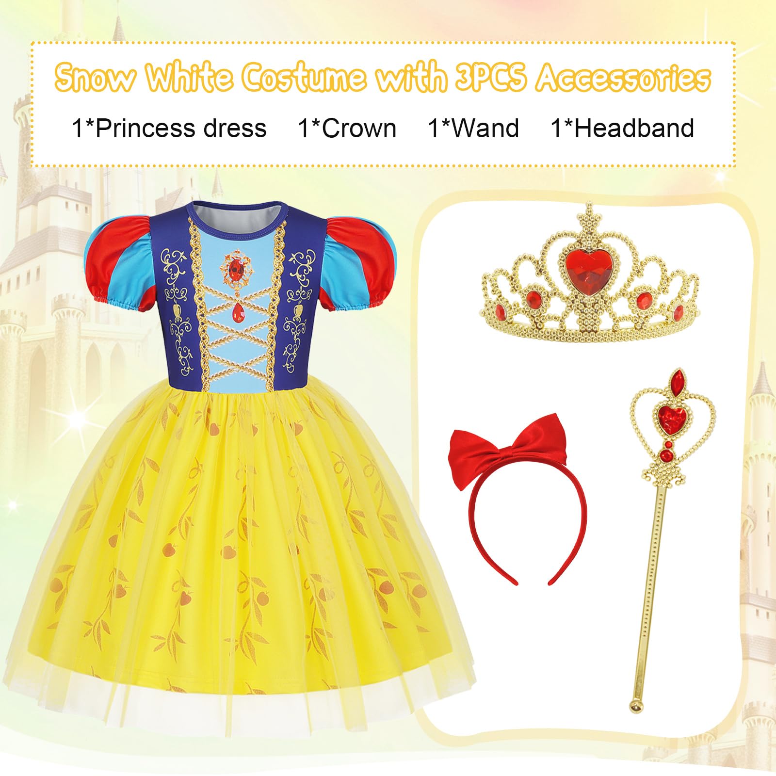 Berich Yellow Princess Costume with Headband Princess Dress up Halloween Christmas Gifts World Book Day Costume Kids Dress up 4-5 Years(Yellow,120) - Image 3
