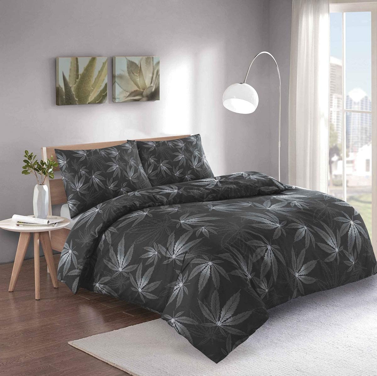 NIGHTZONE Duvet Cover Set Leaf Floral Cannabis Marijuana Weed Reversible Quilt Cover Bedding Set (Black/Grey, Single)