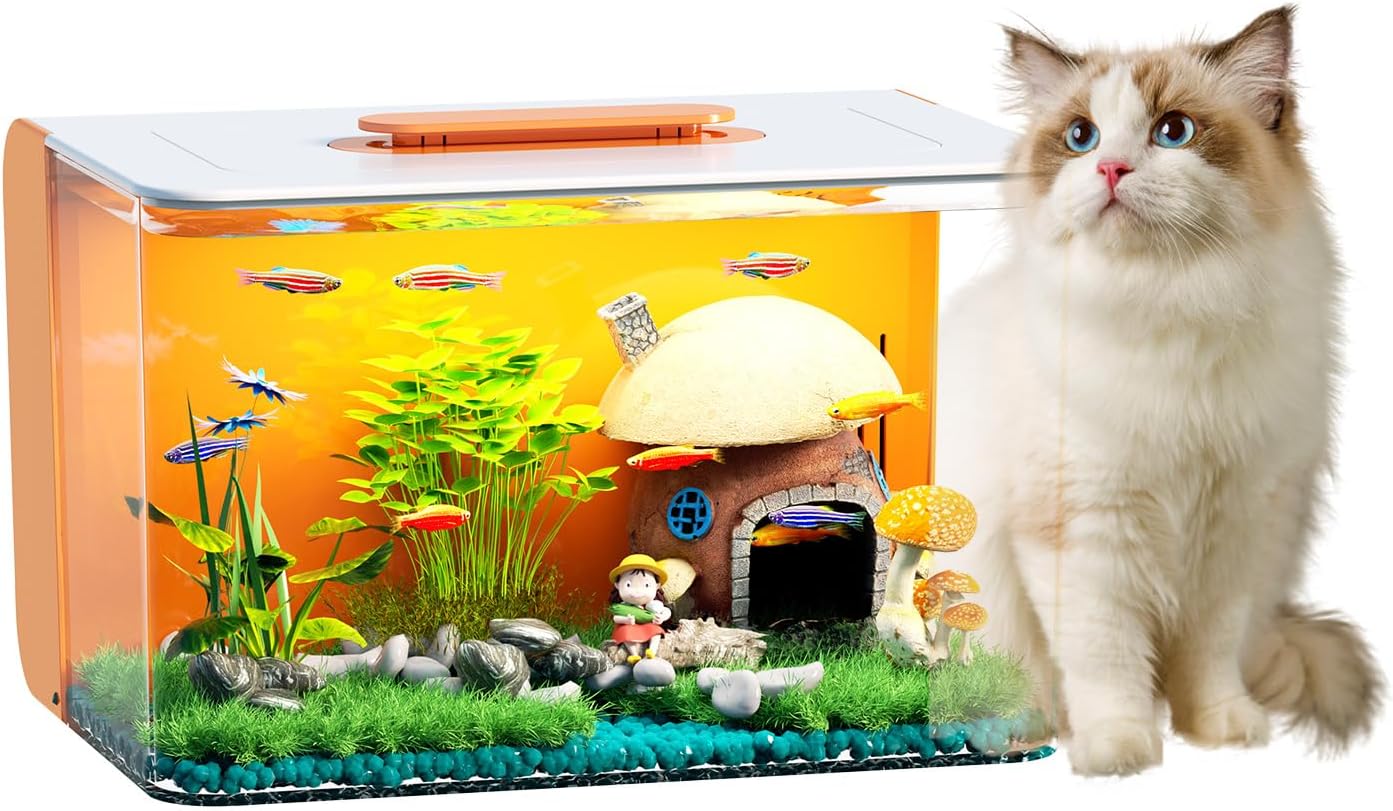 2.5 Gallon Fish Tank Small Aquarium Starter Kit with Hidden Filtration, 3 Color Light, Self Cleaning Nano Tank for Betta, Shrimp, Guppy, Angelfish Orange