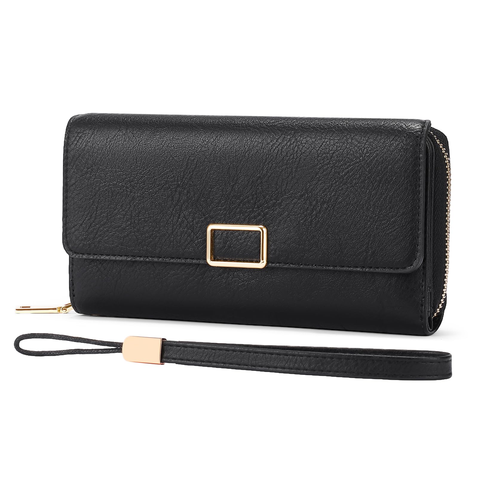 SENDEFN Damen Geldbörse, Portemonnaie mit RFID Schutz, Leder, Schwarz, Modern, Druckknöpfe, 28 Sektionen, 19 Kartenfächer, 1 Münztasche, 1 Ausweisfenster