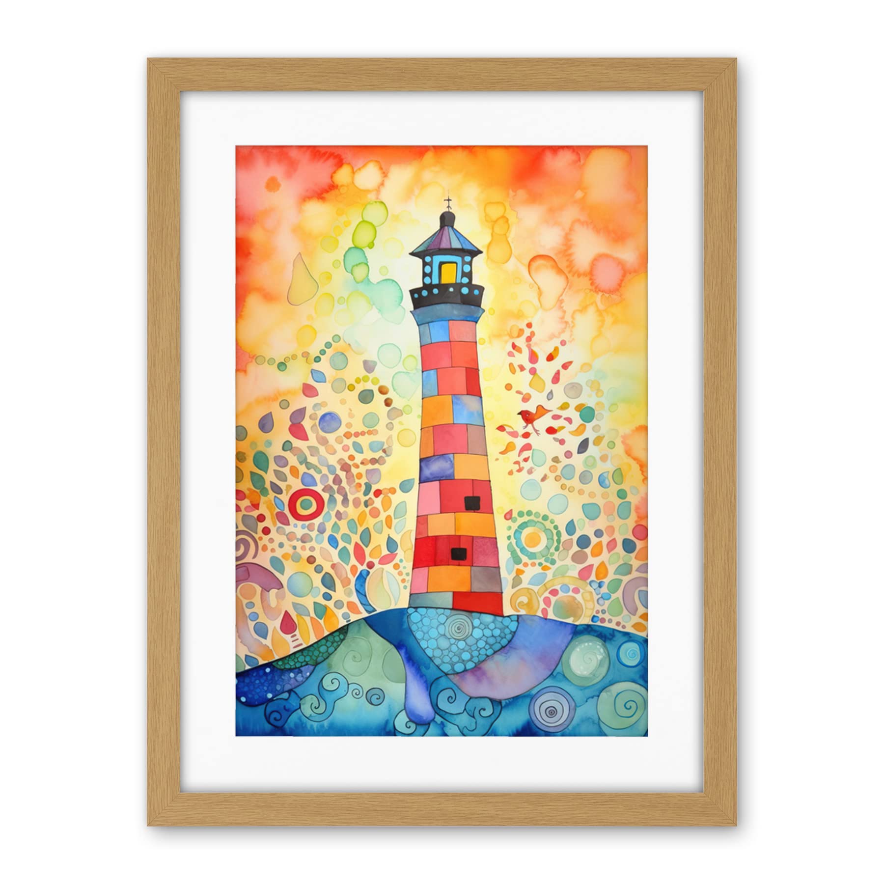Artery8 Lighthouse At Sunset Dreamy Folk Art Watercolour Painting Artwork Framed Wall Art Print 18X24 Inch
