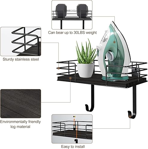 Miniatura 9 de Soporte para tabla de planchar de pared, colgador de metal para tabla de planchar con estante, decoración de cuarto de servicio y accesorios,