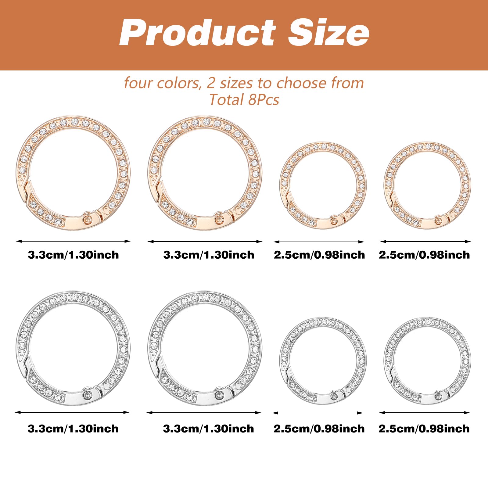 Nogeqi 8 okrągłych breloczków do kluczy, złote, 33 mm, 25 mm, błyszczący karabińczyk, okrągłe, stras, metalowe zamknięcie zatrzaskowe, kamienie strasu, do torebki, biżuterii, rękodzieła (srebrny,