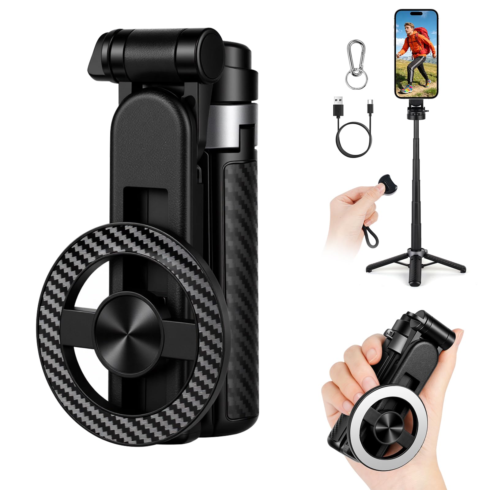 Ainiv Magnetyczny statyw na telefon komórkowy, 4 w 1, statyw do selfie, obracany o 360°, stojak na telefon z bezprzewodowym pilotem zdalnego sterowania, składany stojak na telefon komórkowy