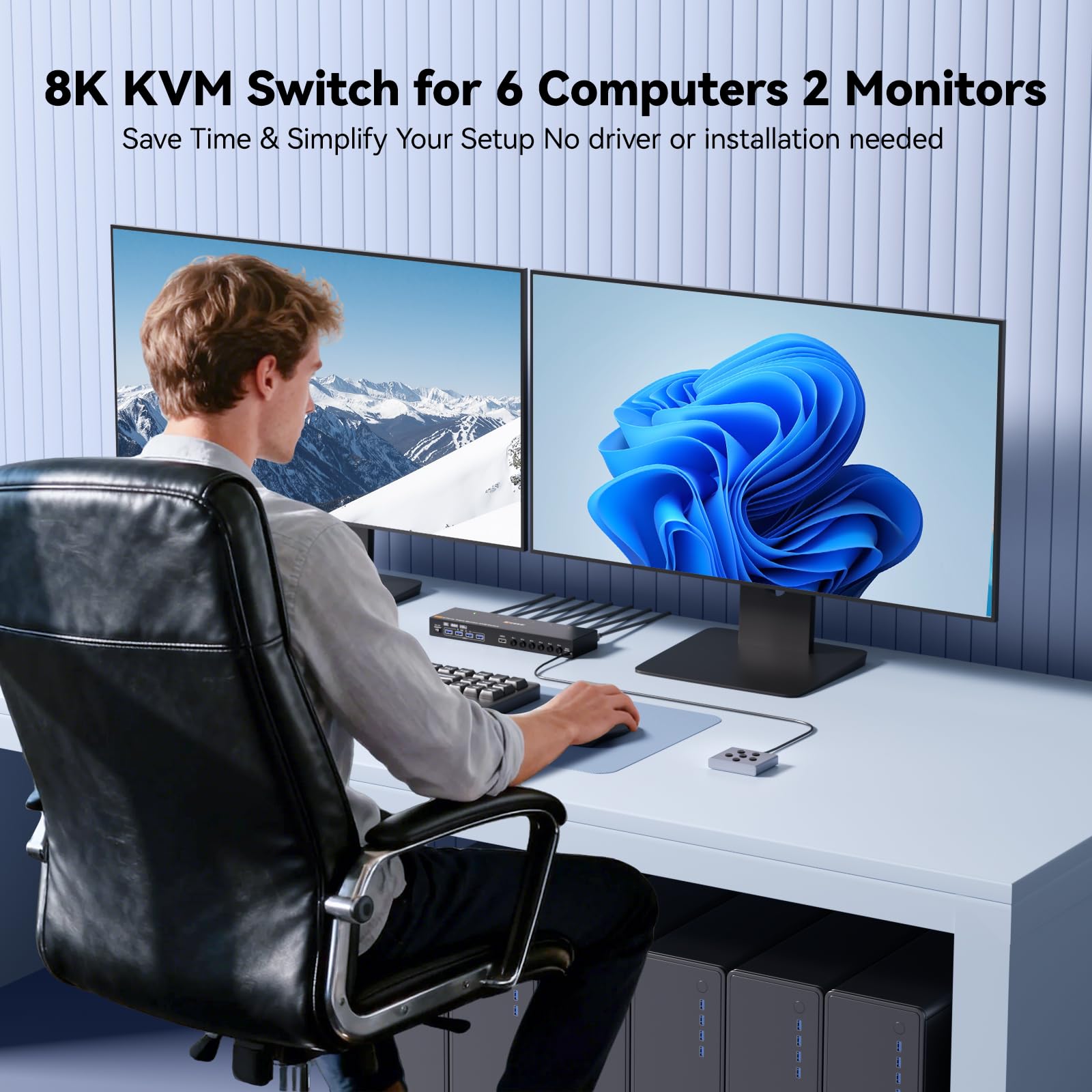 KVM Switch 2 monitory, 6 komputerów HDMI + DisplayPort, 8K 30 Hz / 4K 144 Hz Dual Monitor KVM przełącznik do 6 komputerów, 2 wyświetlacze i urządzenia USB 3.0