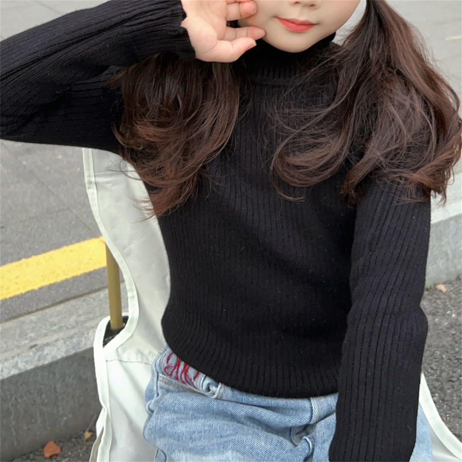 Camisetas de manga larga con cuello alto para niñas, con volantes, de punto acanalado, cómodo, suave, suéter cálido de invierno