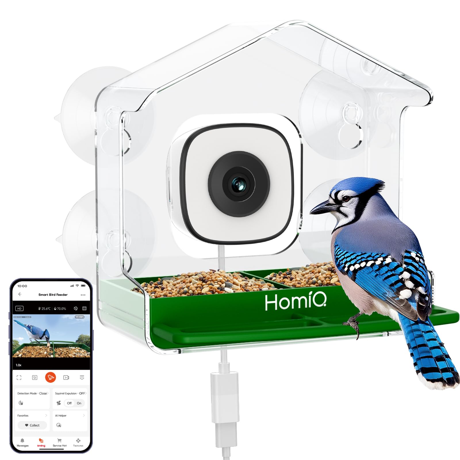 HomiQ Smart Window Bird Feeder with 2K HD Camera, AI Bird Species Identification, 4 Strong Suction Cups, Clear Acrylic, Detachable Seed Tray, Indoor Bird Watching Camera, for Bird Lovers