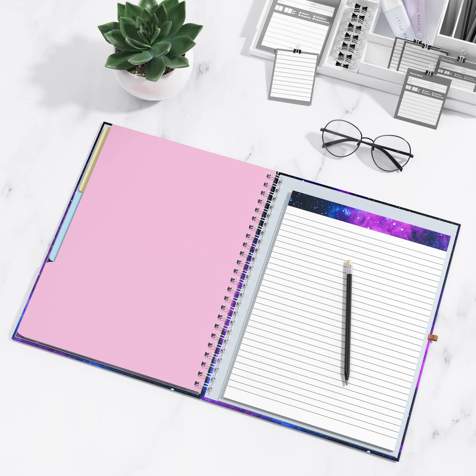 Rimilak Spiral-Klemmbrett, mit nachfüllbarem, liniertem Notizblock, 36,7 x 24,8 cm, Hardcover-Klemmbrett mit 5 Innentaschen, Gummiband und Stiftschlaufen-Serie Niedliches, stilvolles Clipfolio, Galaxy